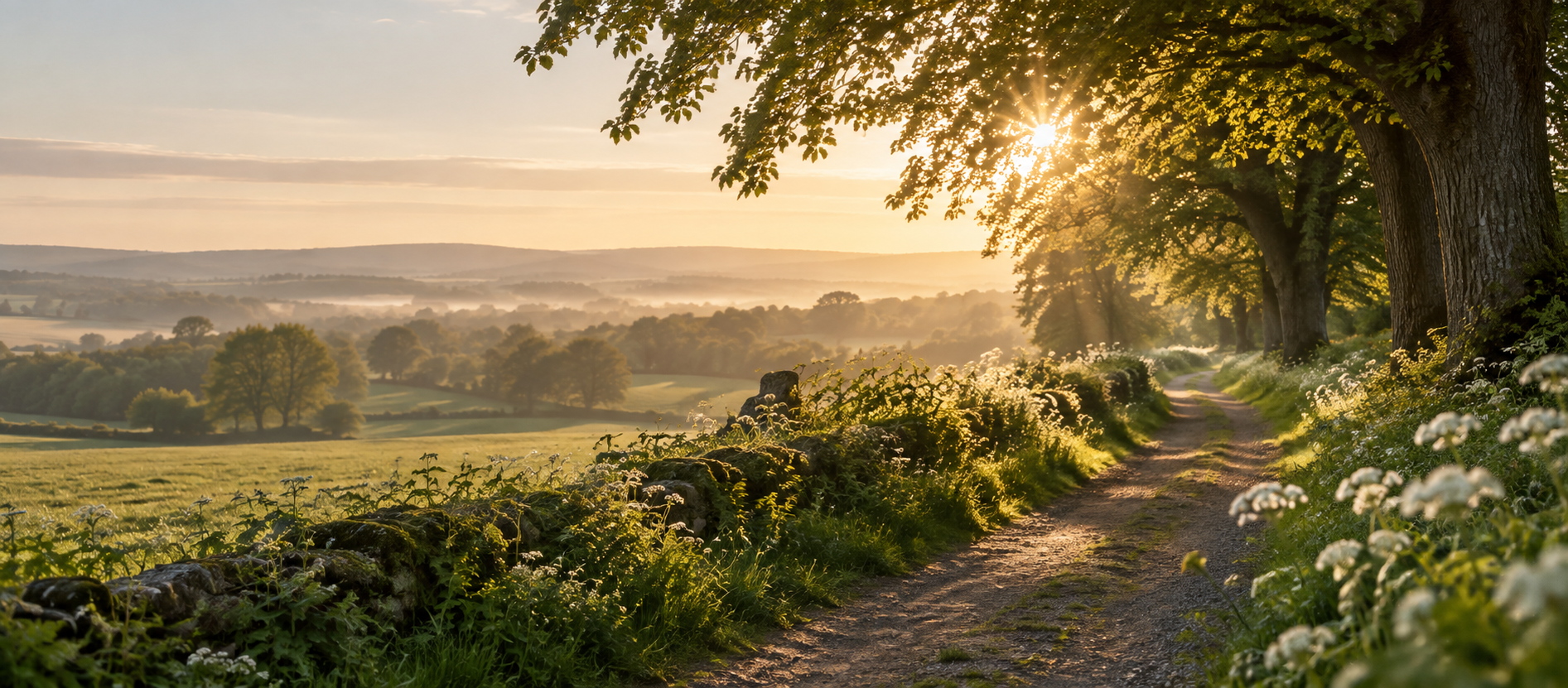 A peaceful countryside path in warm morning light