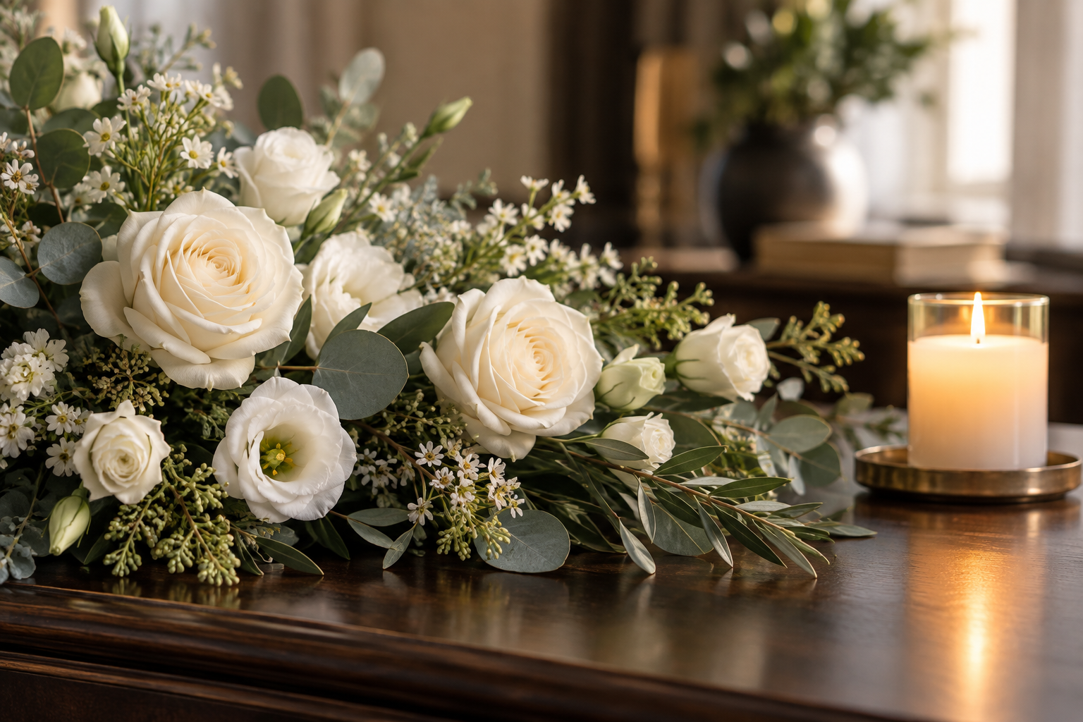 White roses and flowers beside a softly lit candle